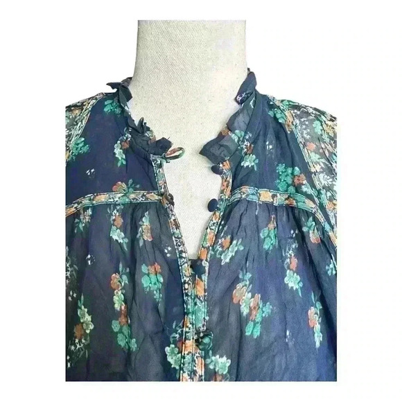 Anthropologie NWT Boho Blue Floral Sheer Babydoll Cropped Oversized Blouse XS - Picture 7 of 10